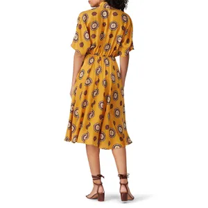 Nissa Marigold Medallion Print Silk Blend Short Sleeve A-Line Midi Dress Size 8 thumbnail 4