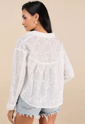 Lulus White 3D Floral Appliqué Embroidered Button Down  thumbnail 2