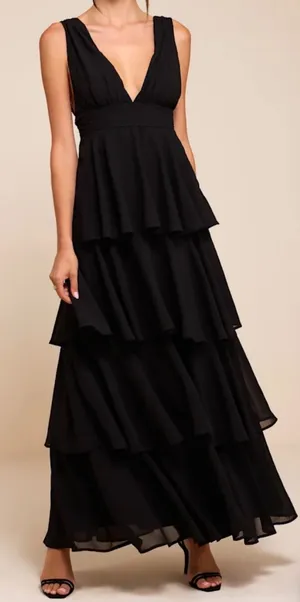 NWT Lulus SZ Large Amazing Evening Black Tiered Maxi Dress Formal Special Event thumbnail 1