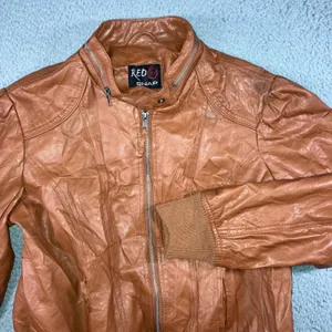 Faux Leather Bomber‎ Jacket Women 1X Cognac Brown Moto Zip Up Edgy Grunge Biker thumbnail 1