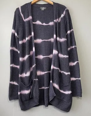 Belle by Belldini Sweater Size Medium Purple Tie Dye Pocket Cardigan Festival thumbnail 1