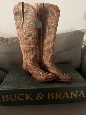 Buck & Brana Tall western cowboy boots Embroidered brown leather size 7.5 thumbnail 9