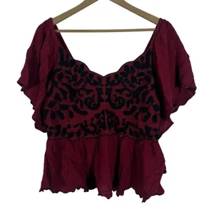 Sanni Embroidered Floral Peplum Flutter Sleeve Top Burgundy Boho Size XL thumbnail 1