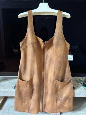 Free People Tan Faux Leather Pinafore Dress with Front Zip thumbnail 2
