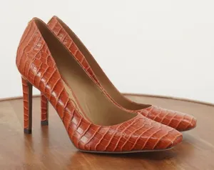 Sam Edelman Beth Cinnamon Croc Embossed Leather Square Toe Stiletto Heels 8 thumbnail 1
