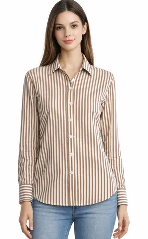 Reformation Striped Button-Up Shirt tan cream thumbnail 1