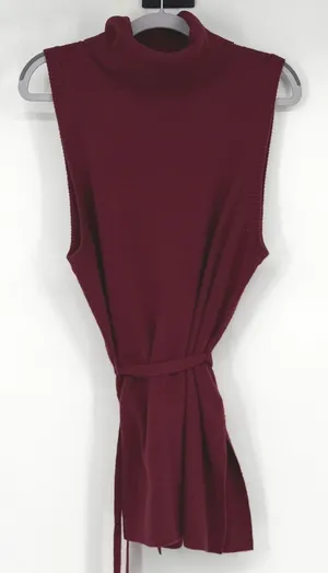 By Anthropologie Burgundy Merino Wool Blend Sleeveless Turtleneck Tunic Belted M thumbnail 1