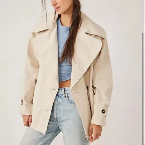 FREE PEOPLE‎ Tan Highlands Double-Breasted Cotton Peacoat Oversized Size Small thumbnail 2