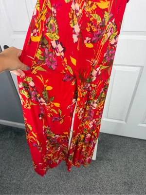 Free People Red Floral Wide Leg Pants Size M Boho High Rise Rayon thumbnail 10
