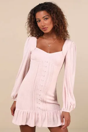 NWT Lulus Coveted Sweetness Blush Pointelle Knit Long Sleeve Mini Dress Size L thumbnail 1