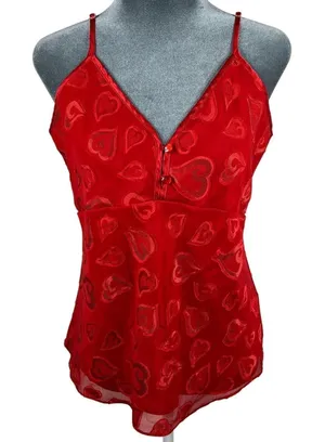 Red Babydoll Camisole Tank Top Medium Textured Hearts Mesh Coquette Y2K Vintage‎ thumbnail 1