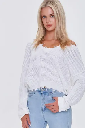 Forever 21 White Ribbed Distressed Sweater thumbnail 1