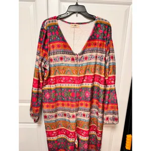 Natural Life Boho Floral Striped Fleece Jumpsuit‎ One Piece Pajama Lounger Large thumbnail 3