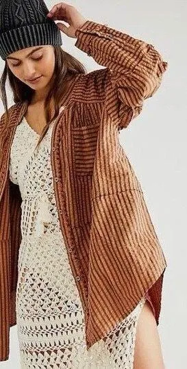 Free People Brown Striped Tunic Buttondown Top thumbnail 1