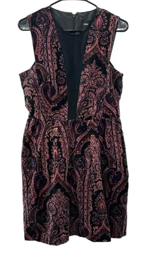 ASOS Black &‎ Pink Paisley Print Velvet Sleeveless Fit & Flare Mini Dress Sz 8 thumbnail 1
