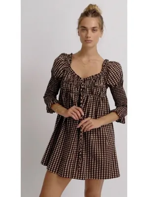 FREE PEOPLE Star Dip Tiered Smocked Button Front Cotton Dress Black Combo Small thumbnail 11