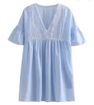 NEW Goodnight Macaroon Mika Blue White Eyelet Dress XS thumbnail 1