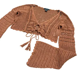Forever 21 Retro Crochet Knit Bell Sleeves Crop Top 100% Cotton Size Small Brown thumbnail 3