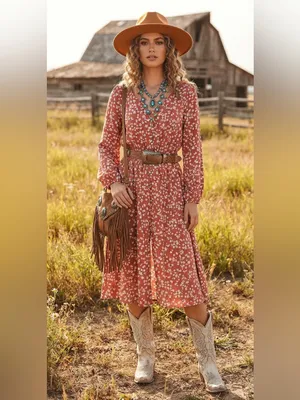 Índigo Rose Rust Floral V-Neck Midi Dress with Long Sleeves size L fall ready thumbnail 3