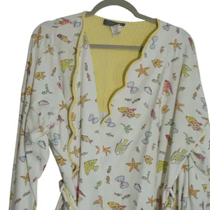 Vintage Prima Donna Cotton Robe Small Fish Starfish Print Yellow Trim Beach 90s thumbnail 3