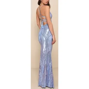 Lulus Flawless Glow Periwinkle Iridescent Sequin Lace-Up Maxi Dress Sz. S thumbnail 4