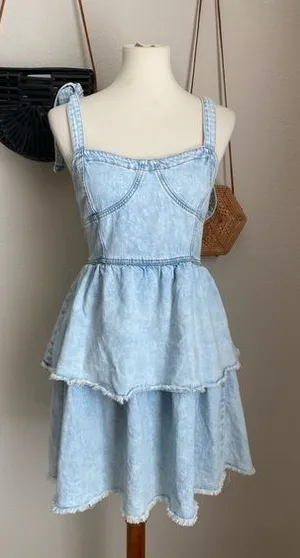 American Eagle Denim Jean Ruffled Layered Dress, Size Medium thumbnail 1
