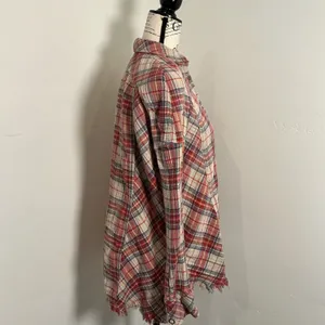 Free People Plaid Button Down Shirt Red Blue Frayed Hem Small Oversized Boho Top thumbnail 2