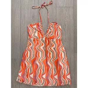 Show Me Your Mumu Outgoing Mini Dress Wavy Stripe Halter Orange Coral Retro Y2K thumbnail 2