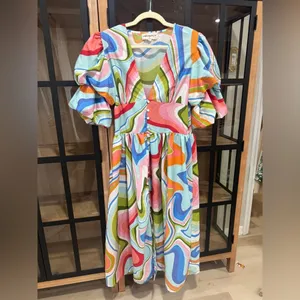 Red Dress Boutique Colorful maxi midi dress puff sleeve vneck button down swirl print thumbnail 8
