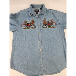 Vintage Embroidered Holiday SOFT Denim Shirt Reindeer Sleigh Bear Teacher Large thumbnail 9
