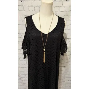 Naïf black lace cold-shoulder dress features an open-shoulder & Gold Necklace 1X thumbnail 2