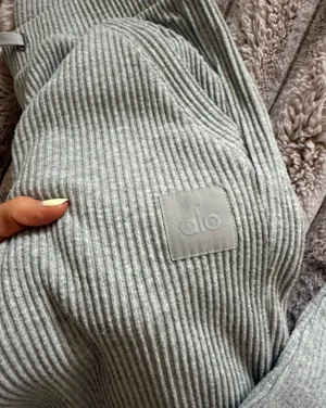 ALO Yoga Light Gray Muse Ribbed Drawstring Joggers thumbnail 6