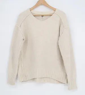 We The Free People Tunic Sweater Womens Medium Beige Stretch Ribbed Round Neck thumbnail 1