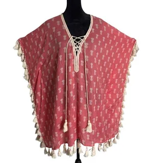 Coral Pink Pineapple Print Swim Cover Up Poncho Size S M Tassels Beach Resort thumbnail 1