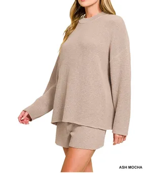 Zenana Beige Knit Lounge Matching Set Size Small Sweater Shorts Neutral Tan thumbnail 1
