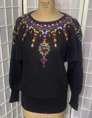 Vintage Beaded Jewel Black Sweater 80s 90s Glam Maximalist Statement Artsy Small thumbnail 1