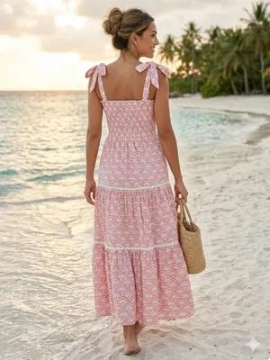 Mon Coco Lucy Convertible Smocked Tiered Maxi Midi Dress Red Vines Block Print thumbnail 3