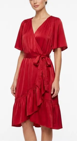 Maurices Deep Red Semi Satin Faux Wrap Ruffle Midi Dress Size Medium thumbnail 1