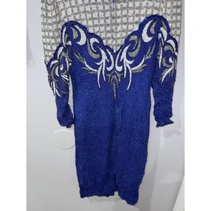 VTG Alisha Silk Beaded‎ MIDI Formal Gown Royal Blue Size L Y2K 90s thumbnail 7