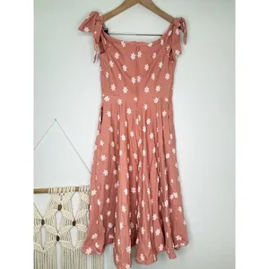 Unique Vintage Daisy Dress Coral Pink Floral Print A-Line Sweetheart Tie Straps thumbnail 2