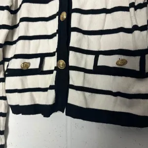 Marled Women Striped Cardigan Sweater White Black Gold‎ Crest Buttons Small prep thumbnail 3