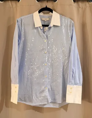 NWT LOFT Light Blue Sequin Button-Up Blouse with White Accents thumbnail 1