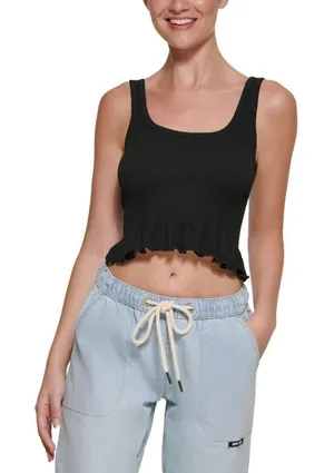 NWT Dkny Jeans Women's Cropped Ruffled-Hem Tank Top E22HAB35 XXS Black thumbnail 1