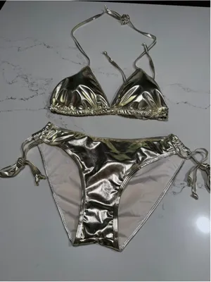NEW Gold Lame Triangle Bikini Set Swimsuits 2 Pc Bathing XL thumbnail 1