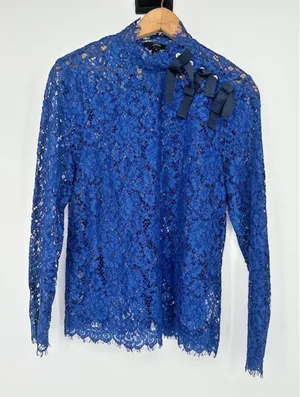 J. Crew Mockneck Floral Lace Bows in Baroque Blue Top Size 4 Elegant Feminine‎ thumbnail 1