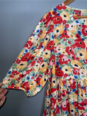 Umgee Floral Puff Sleeve Peplum Top in Red, Yellow, Green & Blue Large thumbnail 3
