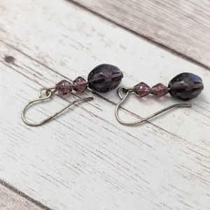 Vintage Earrings For Pierced Ears Dark Purple Beads thumbnail 5