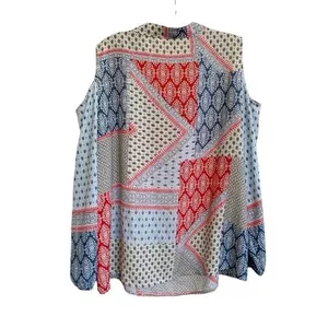 Chicos Cold Shoulder‎ Tie Neck Patchwork Blouse Red White Blue Size 2 Large thumbnail 9