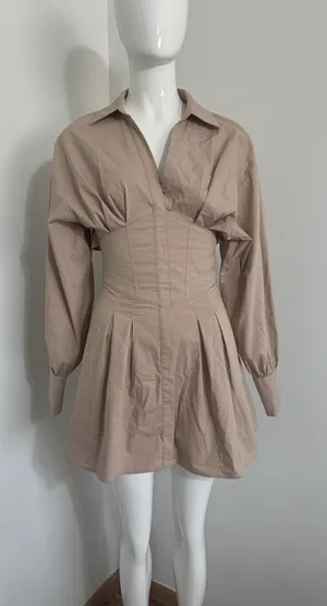 Bershka Tan Corset Mini Dress Women’s S Long Sleeve Open Back Lace-Up thumbnail 1