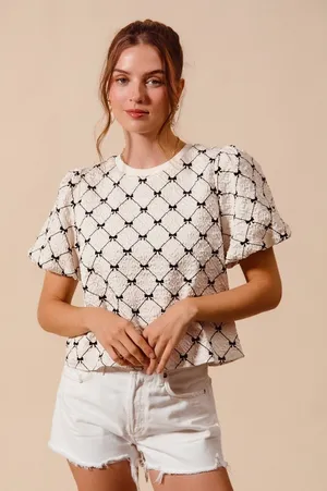SO ME Bow Texture Woven Bubble‎ Sleeve Top - Ivory - Large thumbnail 1